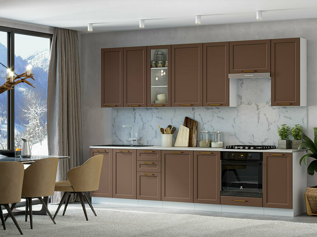 Прямая модульная кухня Неаполь МДФ Шоколад софт  с высокими верхними шкафами высотой 916мм