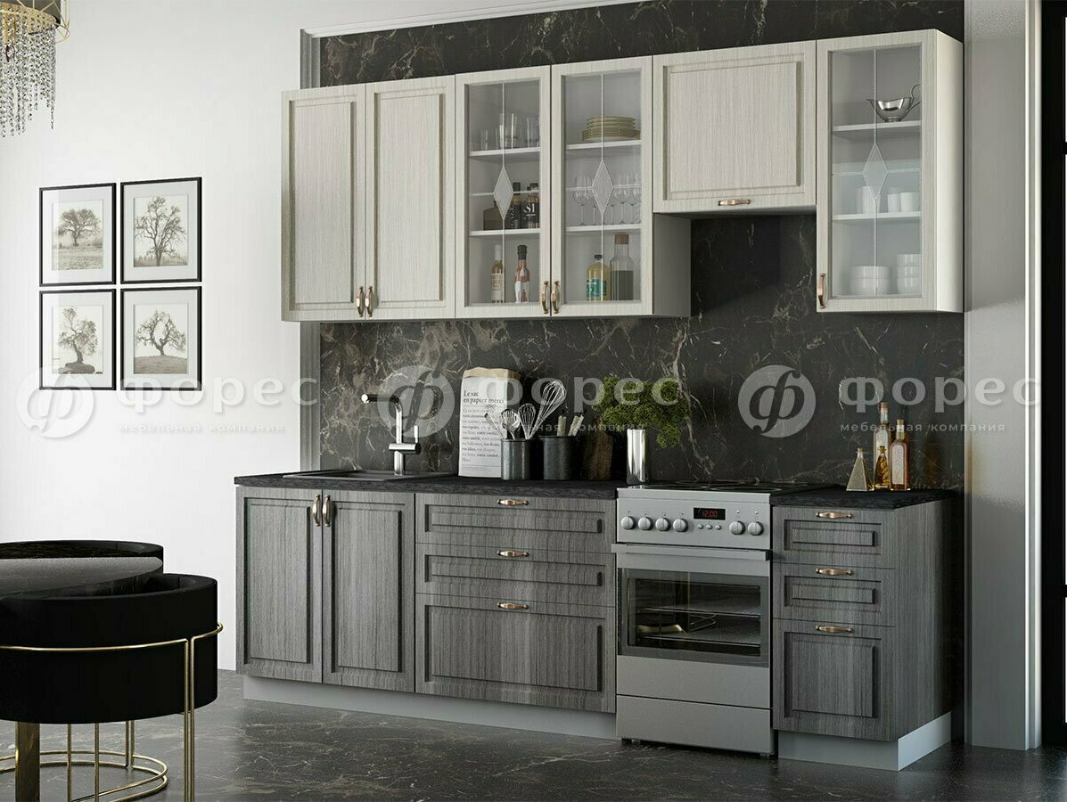 Модульная кухня 2,3м Квадро  МДФ с высокими верхними шкафами 916мм (комп.6.2 ВСК) под врезную мойку и отдельную кухонную плиту: фасады Сандал белый/Сандал серый, столешница Кастилло темный