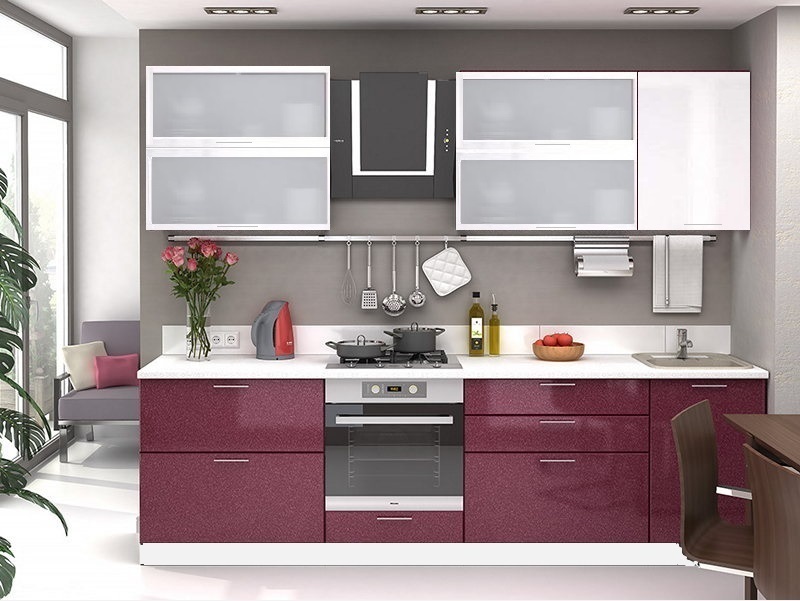 Кухня Ксения 2,5м (комп. 84 ВСТР), цвет фасадов Белый глянец /Черника металлик