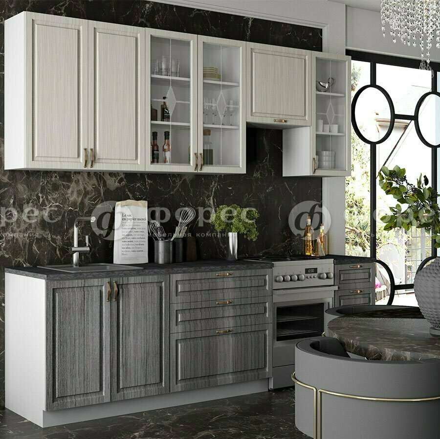 Модульная кухня 2,3м Квадро МДФ с высокими верхними шкафами 916мм (комп.6.2 ВСК) под врезную мойку и отдельную кухонную плиту: фасады Сандал белый/Сандал серый, столешница Кастилло темный