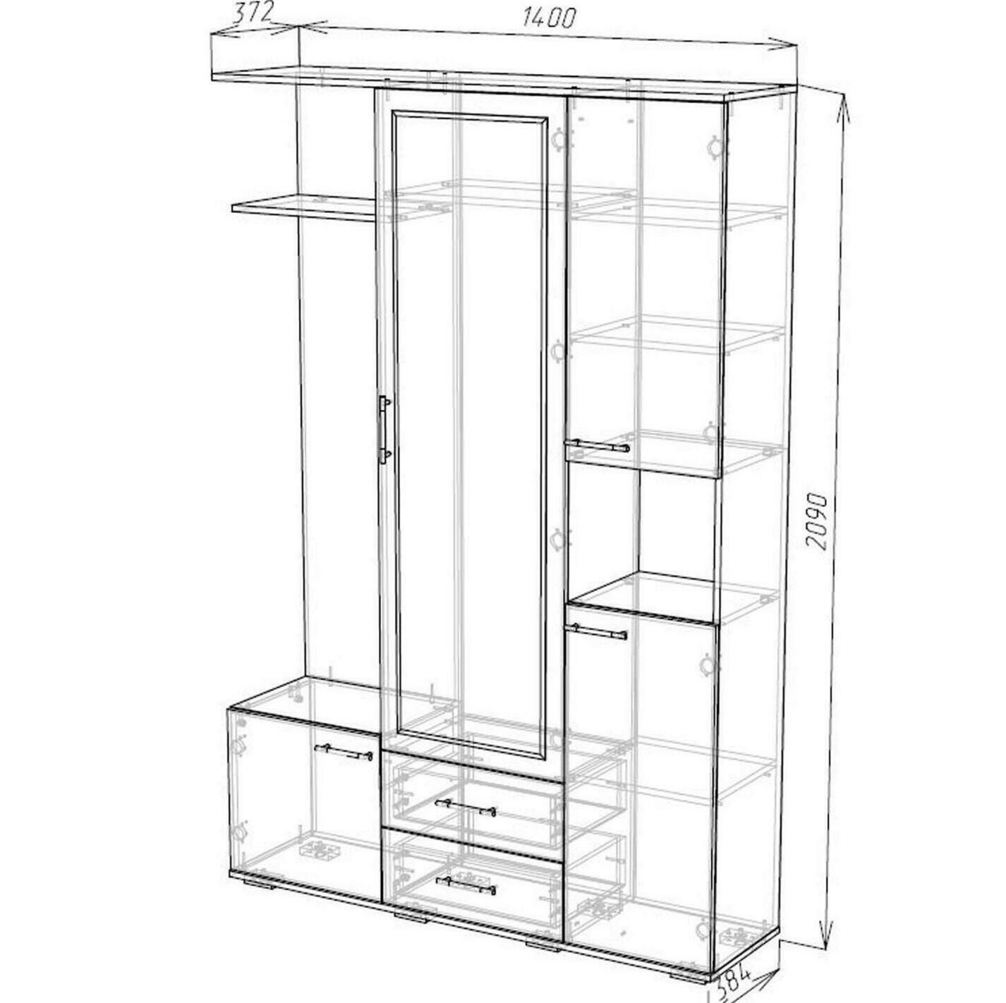Готовая прихожая Осло-2 Венге/белый шириной 1400мм (готовая прихожая со шкафом, зеркалом и полками) Прихожая Осло-2 Венге/Белый (схема, внутри, внутреннее наполнение)