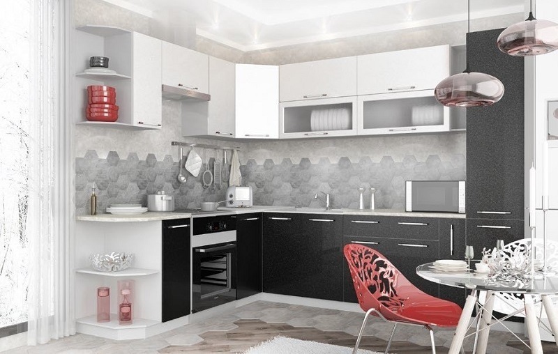 Кухня угловая модульная Ксения 2,3х2,75 (комп.118) МДФ Белый глянец/Черный глянец