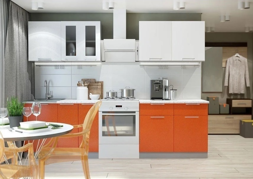 Модульная готовая кухня Ксения 2,1м (комп.142) МДФ Белый глянец / Оранж глянец(прямая)
