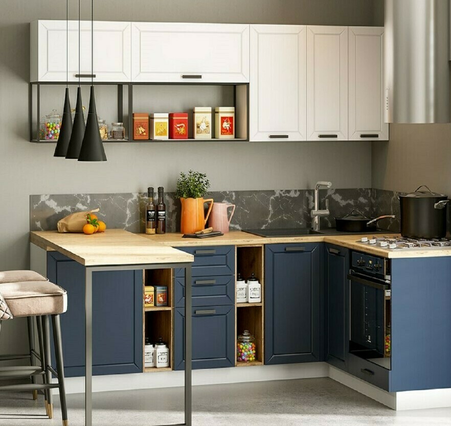 Модульная матовая кухня Юта МДФ: фасады белый софт/Синий софт, столешница Дуб бунратти, барная стойка с опорой "Куб"