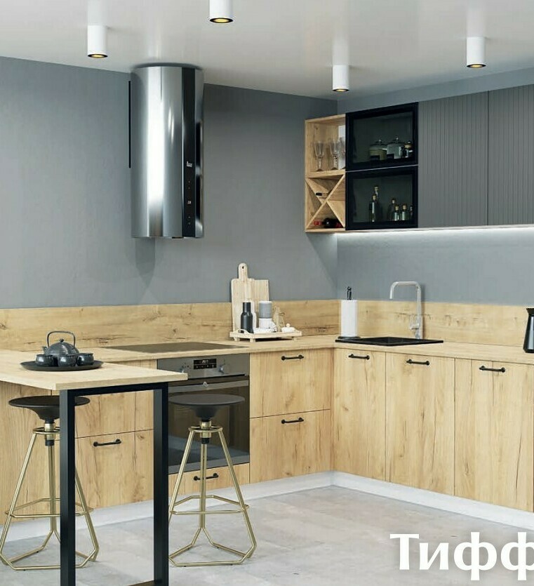 Модульная кухня Тиффани: верхние фасады Холст вулканический, нижние фасады ЛДСП Дуб золотой, столешница Дуб бунратти Модульная кухня Тиффани: верхние фасады Холст вулканический, нижние фасады ЛДСП Дуб золотой, столешница Дуб бунратти