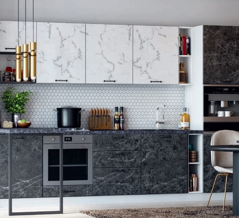 Модульная кухня Novi (Нови) МДФ прямая с напольными пеналами: фасады Мрамор белый/Мрамор черный, столешница Кастилло темный, барная стойка с опорой "Куб" Модульная кухня Novi (Нови) МДФ прямая с напольными пеналами: фасады Мрамор белый/Мрамор черный, столешница Кастилло темный, барная стойка с опорой "Куб"