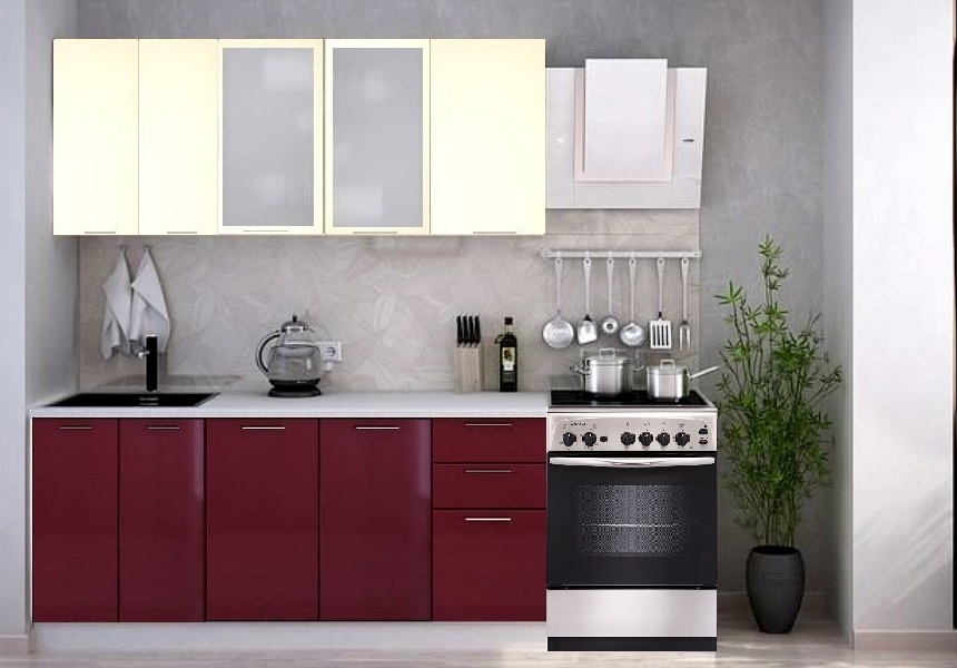 Кухня Техно 1,8м (комп.55), цвет фасадов Ваниль/Бордо