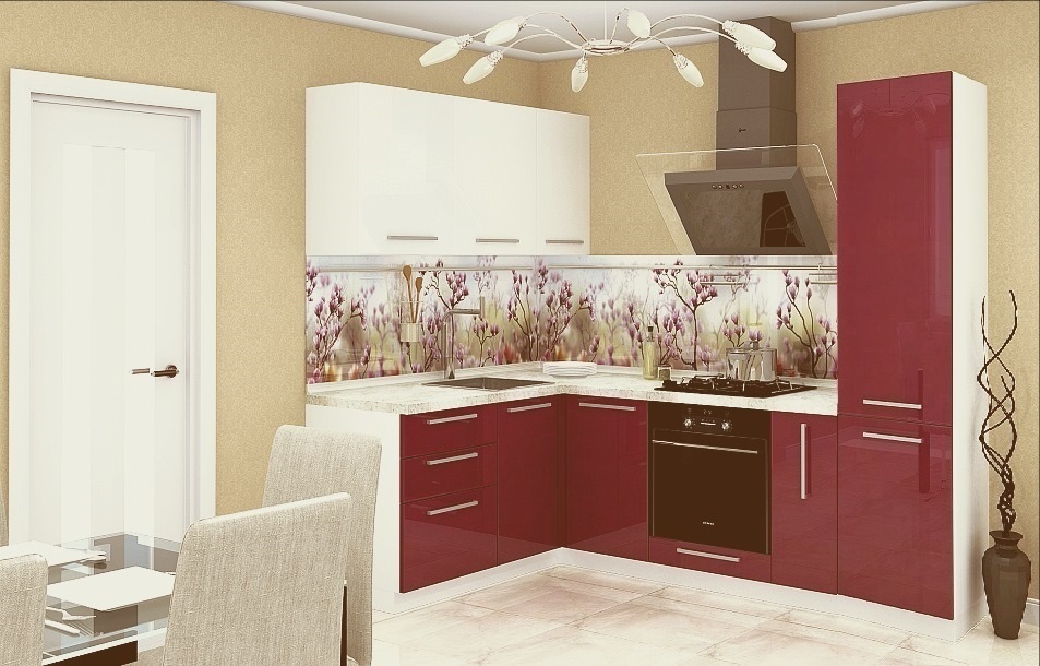 Кухня Ксения угловая 1,5х2,3м (комп. 87), цвет фасадов Белый/Бордо