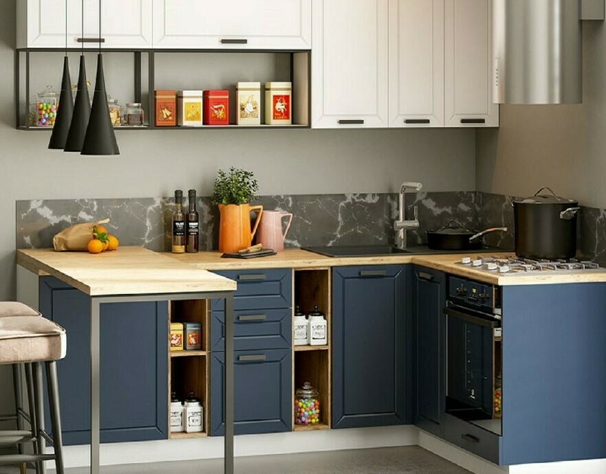 Модульная матовая кухня Юта МДФ: фасады белый софт/Синий софт, столешница Дуб бунратти, барная стойка с опорой "Куб"