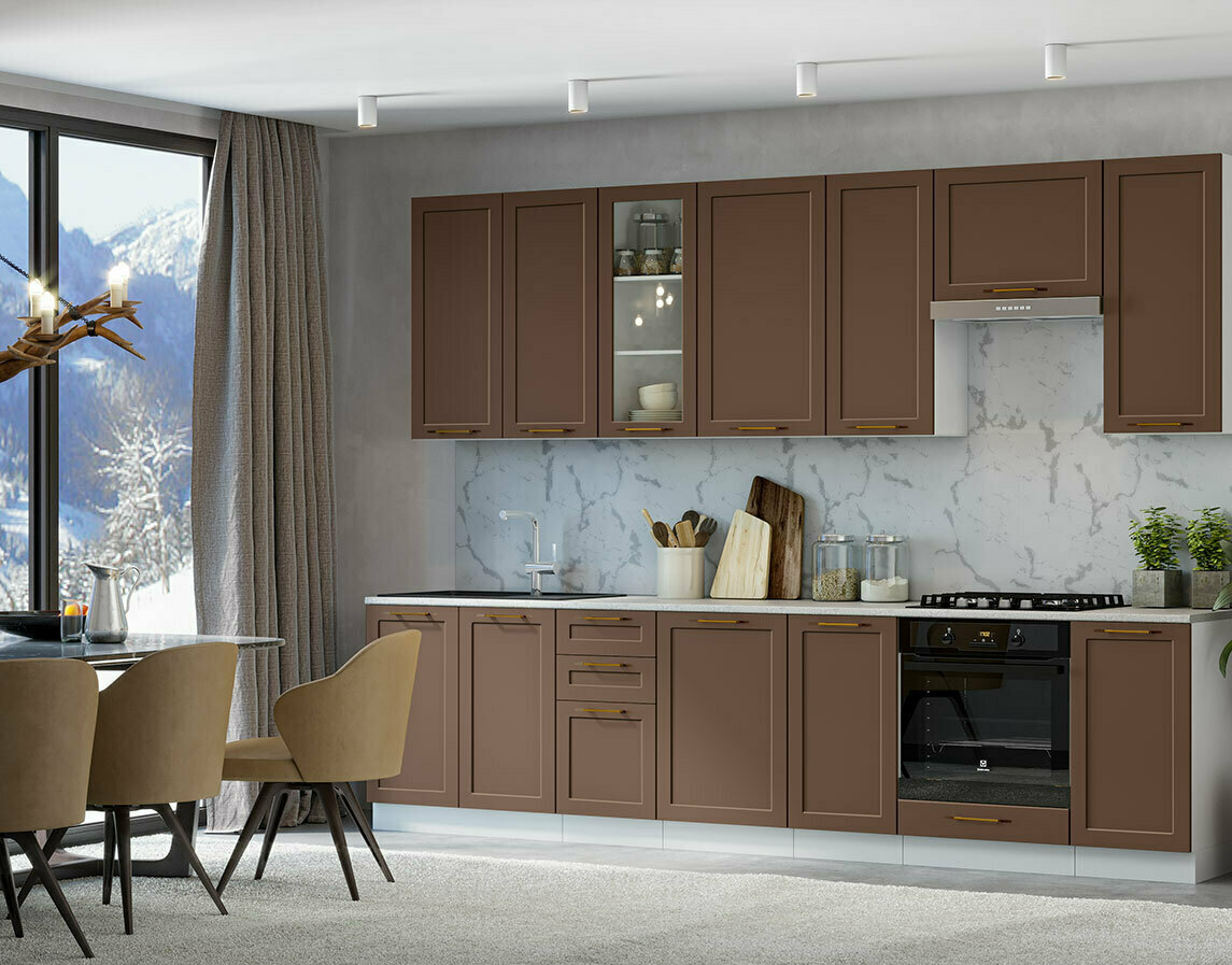 Модульная матовая кухня Неаполь МДФ: фасады Шоколад софт, столешница Антарес