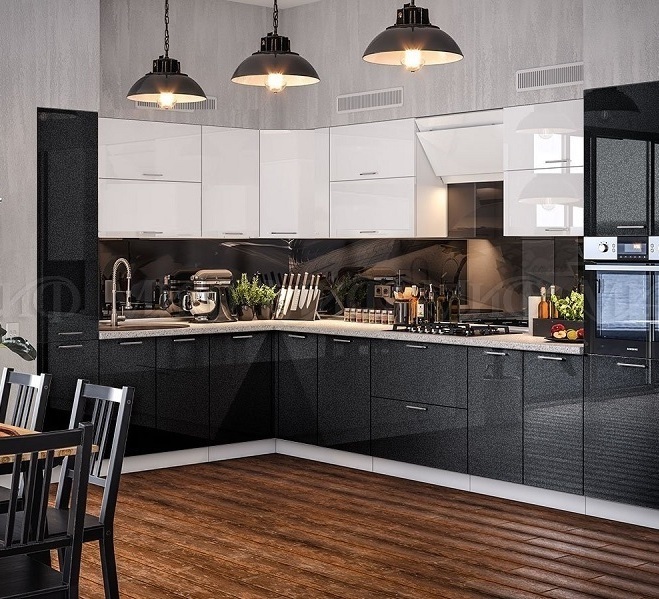 Кухня угловая Ксения/Техно 2,2х3,4м МДФ Белый глянец /Черный глянец