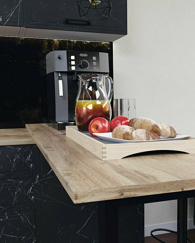 Модульная кухня Атланта Мрамор МДФ : фасады Мрамор черный, столешница Дуб бунратти, барная стойка с опорой "Куб" Модульная кухня Атланта Мрамор МДФ : фасады Мрамор черный, столешница Дуб бунратти, барная стойка с опорой "Куб"