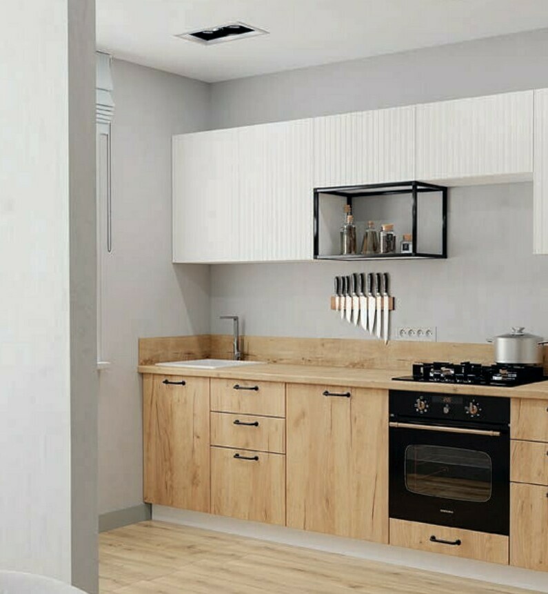 Модульная кухня Тиффани: верхние фасады Холст белый, нижние фасады ЛДСП Дуб золотой, столешница Дуб бунратти