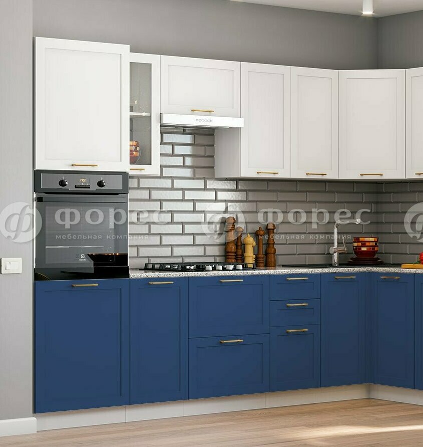 Модульная матовая кухня Неаполь МДФ: фасады белый софт/Синий софт, столешница Дуб бунратти