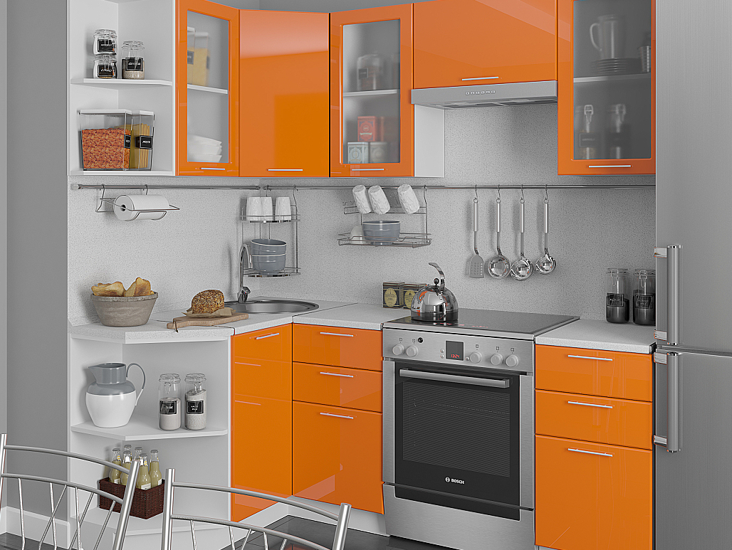 Модульная угловая кухня Ксения/Техно 1,3х2,0 (фасады Оранж глянец /корпус белый)