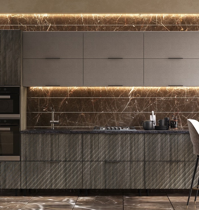 Модульная кухня Орион: фасады МДФ Холст Латте/МДФ Синее дерево Модульная кухня Орион: фасады МДФ Холст Латте/МДФ Синее дерево