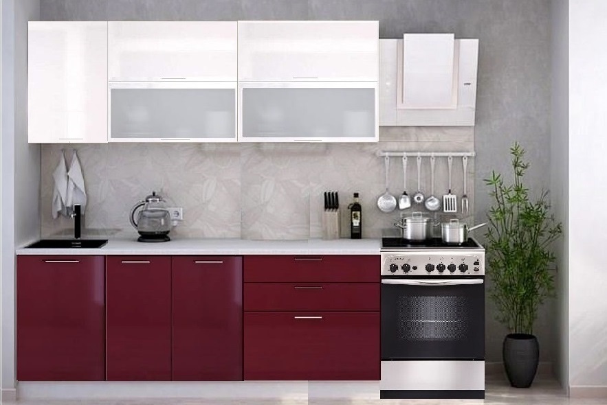Кухня Ксения 2,1м (комп. 56), цвет фасадов Белый/Бордо