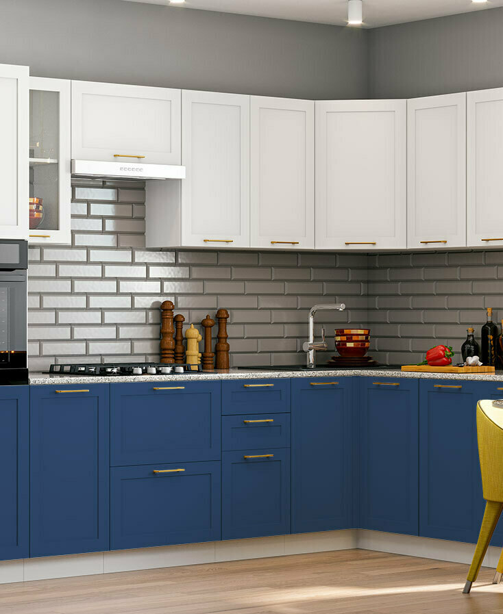 Модульная матовая кухня Неаполь МДФ: фасады белый софт/Синий софт, столешница Дуб бунратти
