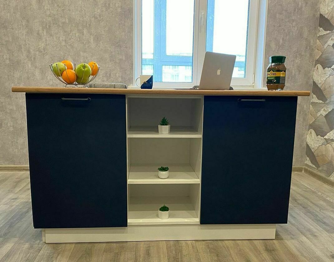 Модульная матовая кухня Неаполь МДФ Синий софт : кухонный остров №2 со столешницей Дуб бунратти