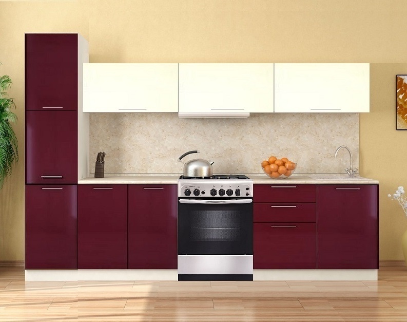 Кухня Ксения 2,8 (комп.81.1) под отдельно стоящую кухонную плиту, цвет фасадов Ваниль/Бордо