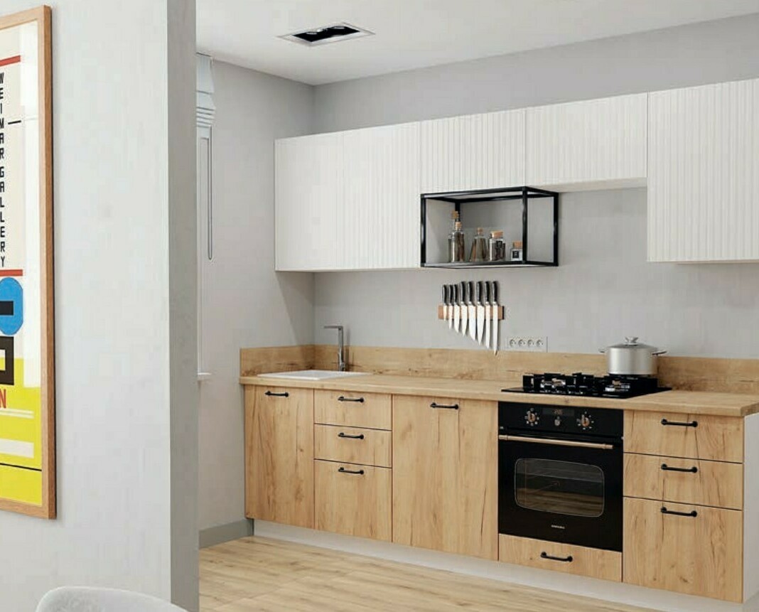 Модульная кухня Тиффани: верхние фасады Холст белый, нижние фасады ЛДСП Дуб золотой, столешница Дуб бунратти