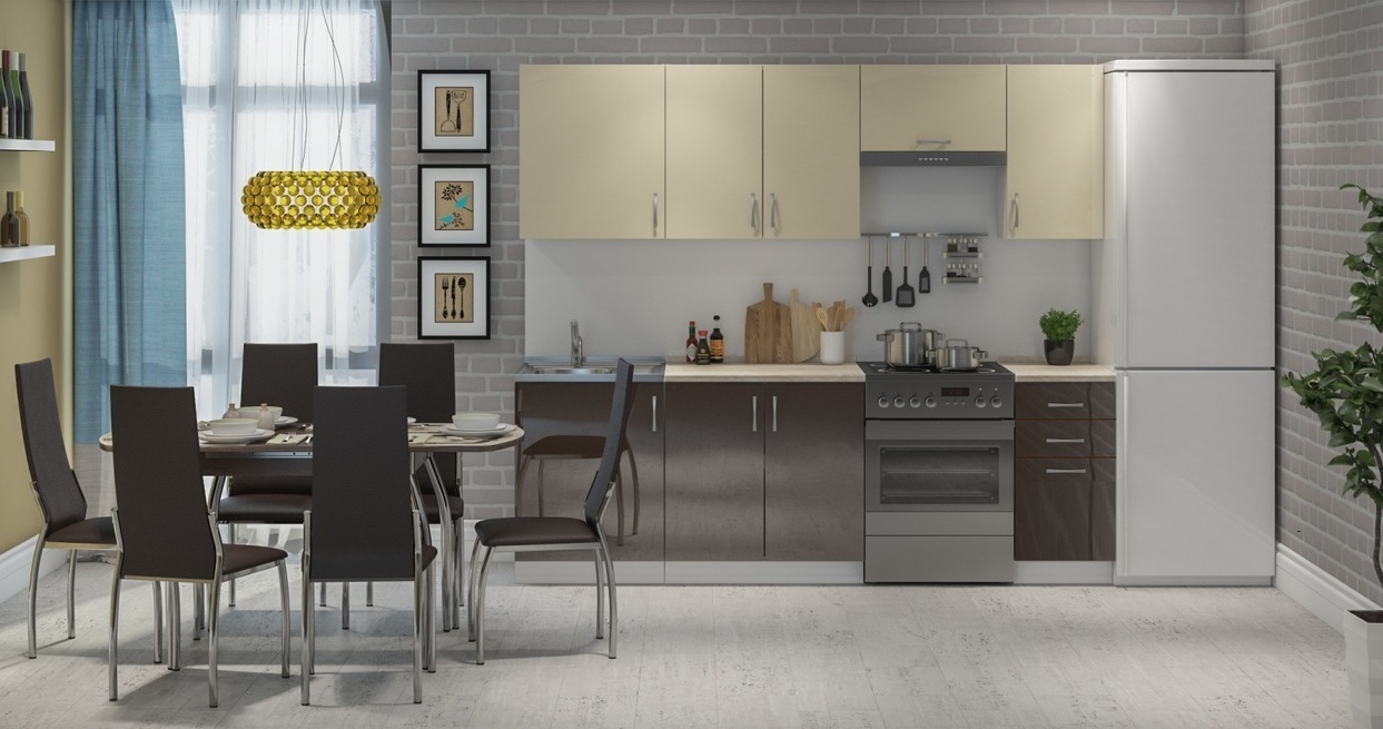 Кухня  Техно 2,3м (комп. 62), цвет фасадов Ваниль/Шоколад