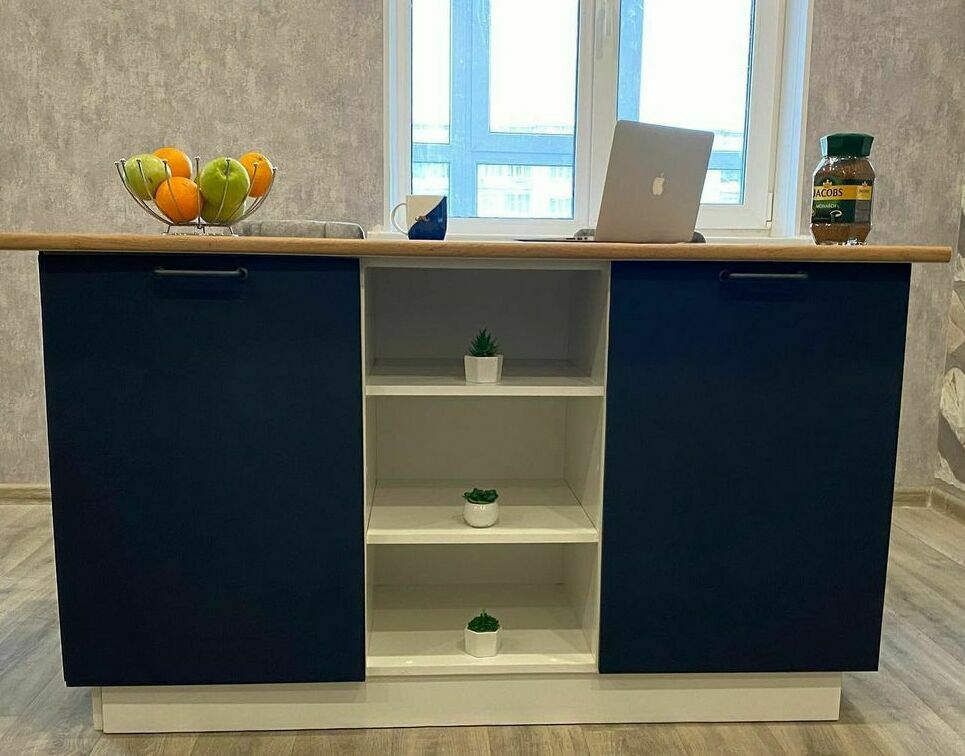 Модульная матовая кухня Неаполь МДФ Синий софт : кухонный остров №2 со столешницей Дуб Бунратти