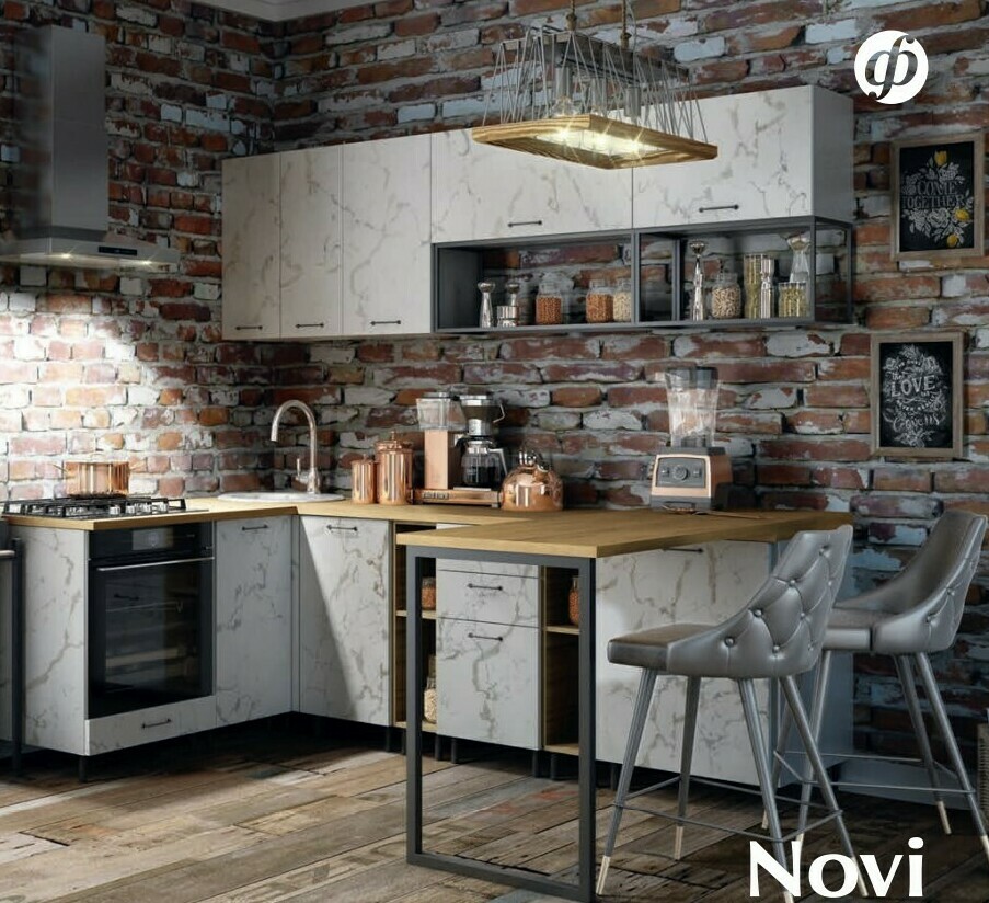 Модульная кухня Novi (Нови) МДФ угловая : фасады Мрамор белый, столешница Дуб бунратти, барная стойка с опорой "Куб" Модульная кухня Novi (Нови) МДФ угловая : фасады Мрамор белый, столешница Дуб бунратти, барная стойка с опорой "Куб"
