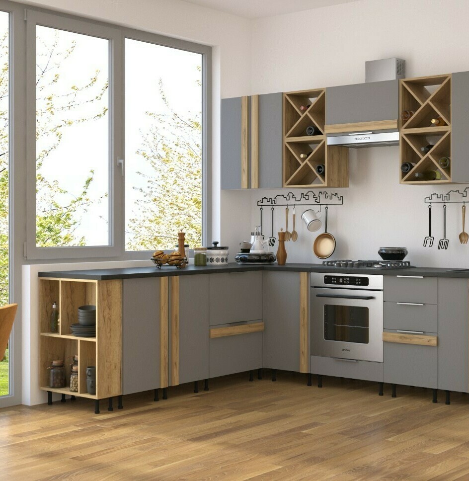 Модульная кухня Йота: фасады МДФ Грей софт/ЛДСП Дуб золотой Модульная кухня Йота: фасады МДФ Грей софт/ЛДСП Дуб золотой