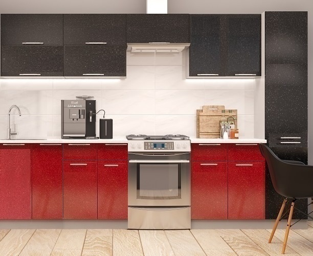 Модульная готовая кухня Ксения 3,0м (комп.140)  МДФ Черный глянец/Красный глянец (прямая)
