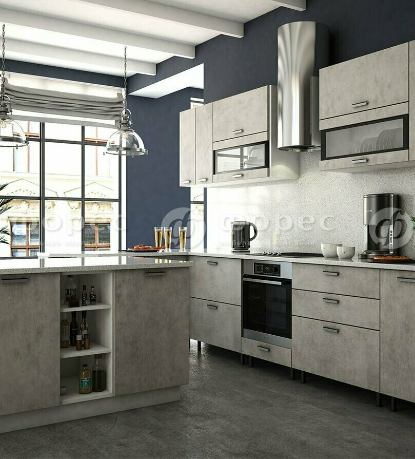 Кухня Рио  модульная МДФ Бетон светлый с кухонным островом №2