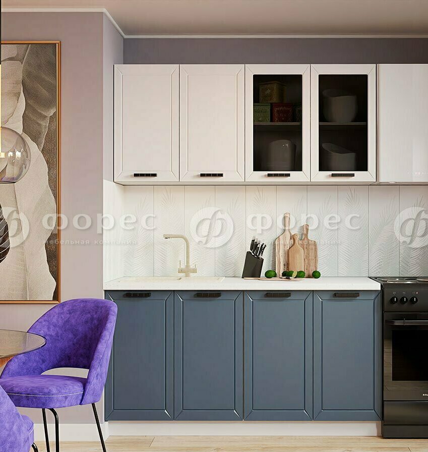 Модульная матовая кухня Юта МДФ: фасады белый софт/Синий софт, столешница Антарес