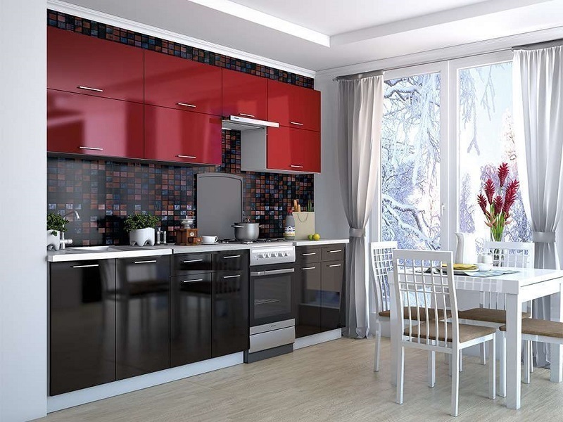 Модульная готовая кухня Ксения 3,0м (комп.120) МДФ Красный глянец/Черный глянец