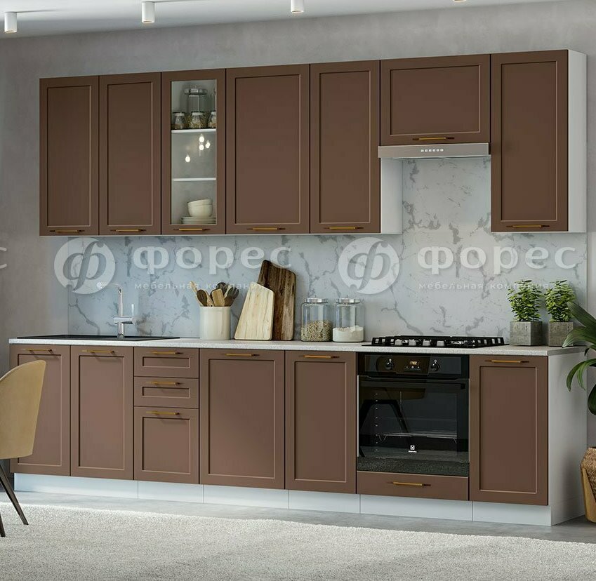 Модульная матовая кухня Неаполь МДФ: фасады Шоколад софт, столешница Антарес
