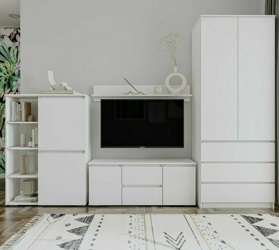 Модульная стенка в гостиную Норд Дуб Крафт серый (комп. 1)Модульная стенка в гостиную Норд белого цвета (комп. 2) Гостиная Норд белая (стенка в гостиную Норд)