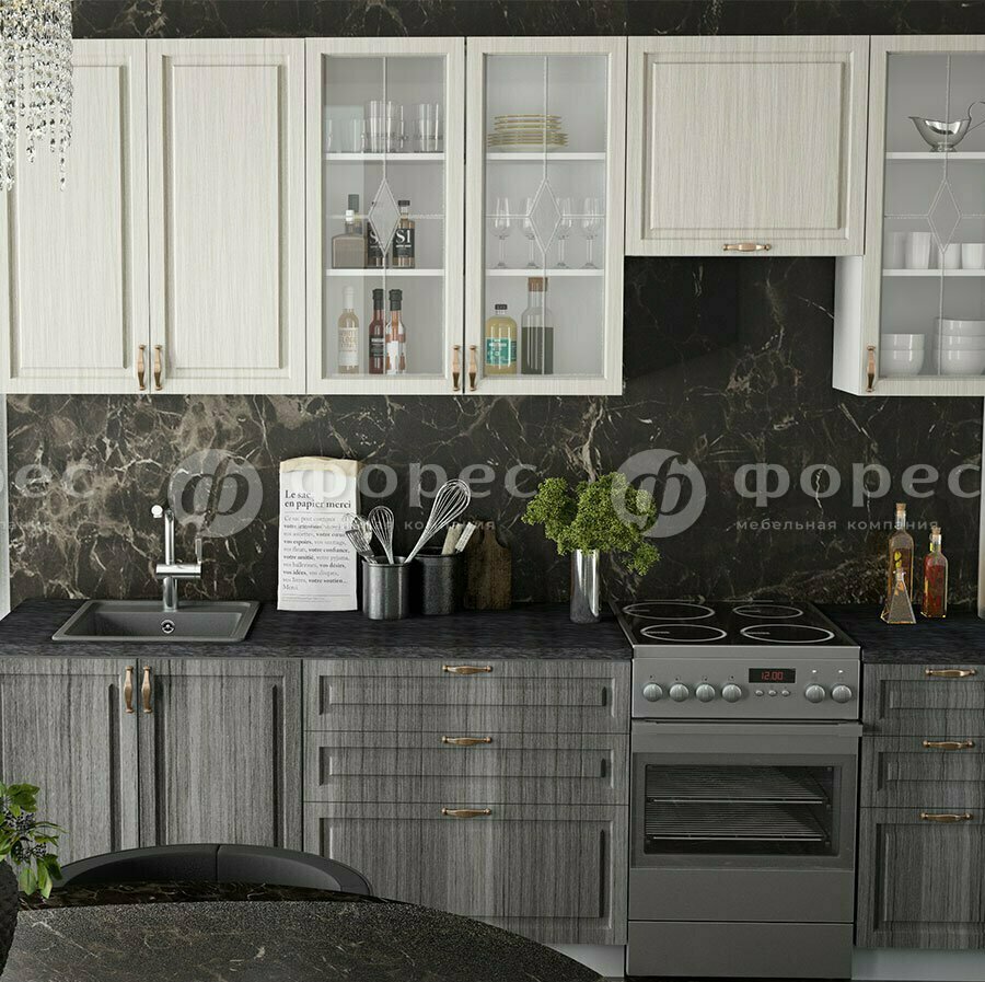 Модульная кухня 2,3м Квадро МДФ с высокими верхними шкафами 916мм (комп.6.2 ВСК) под врезную мойку и отдельную кухонную плиту: фасады Сандал белый/Сандал серый, столешница Кастилло темный