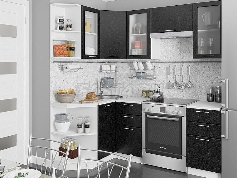 Модульная угловая кухня Ксения/Техно 1,3х2,0 (фасады Черный глянец /корпус белый)