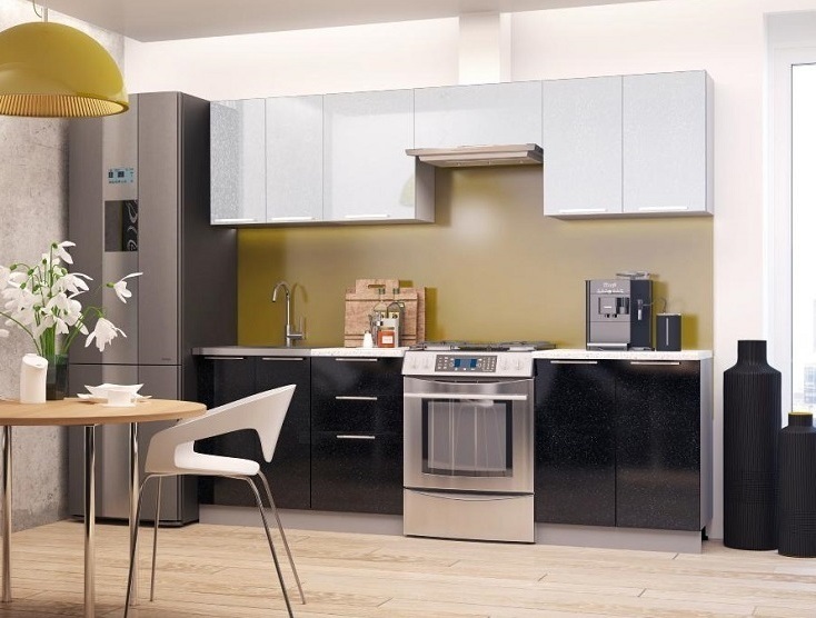 Модульная готовая кухня Ксения 2,3м (комп.136) МДФ Белый глянец (прямая) Модульная готовая кухня Ксения 2,5м (комп.138) МДФ Белый глянец/Черный глянец (прямая)