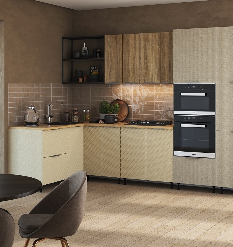 Модульная кухня Орион: фасады МДФ Холст Латте, МДФ Холст Ваниль, ЛДСП Дуб золотой Модульная кухня Орион: фасады МДФ Холст Латте, МДФ Холст Ваниль, ЛДСП Дуб золотой