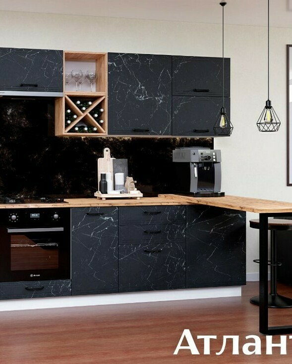 Модульная кухня Атланта Мрамор МДФ : фасады Мрамор черный, столешница Дуб бунратти (комп. 2) Модульная кухня Атланта Мрамор МДФ : фасады Мрамор черный, столешница Дуб бунратти (комп. 2)