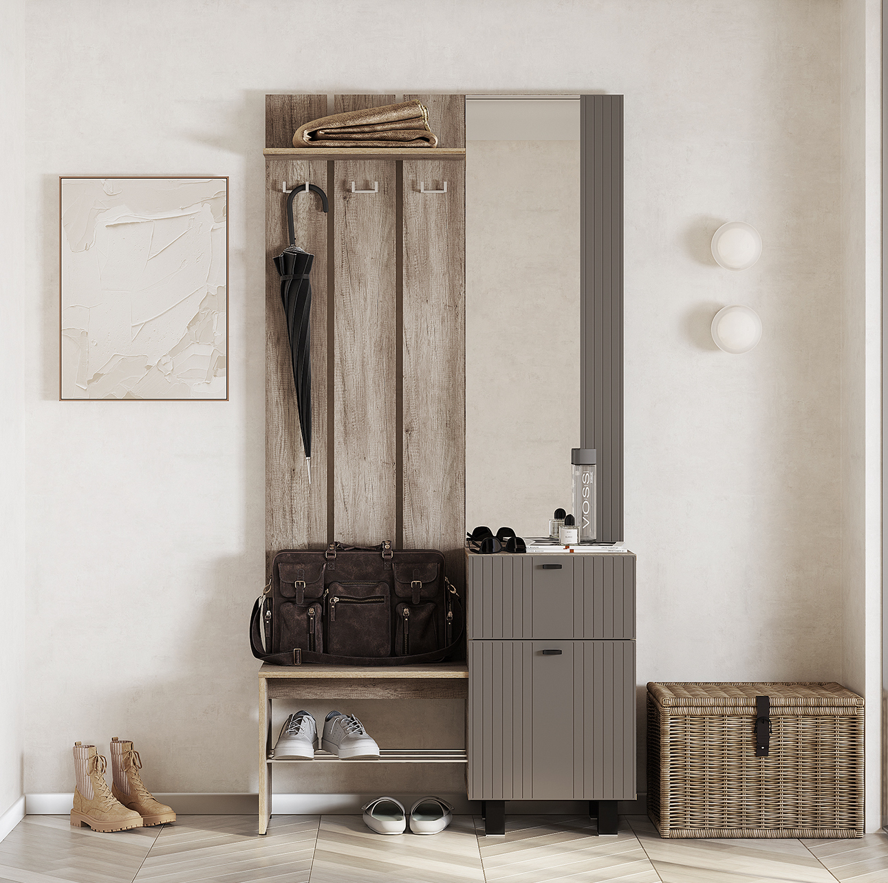 Прихожая Олива Дуб каньон/Муссон софт (маленькая готовая прихожая ) Прихожая Олива Муссон софт