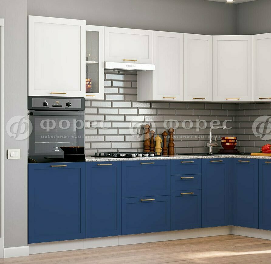 Модульная матовая кухня Неаполь МДФ: фасады белый софт/Синий софт, столешница Дуб бунратти