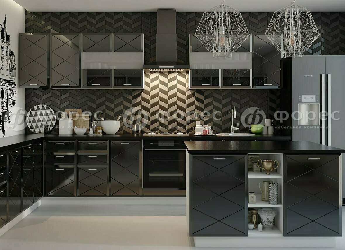 Кухня Бостон 2,0х3,6 МДФ с кухонным островом-2 (комп.10.2), цвет фасадов Черный глянец